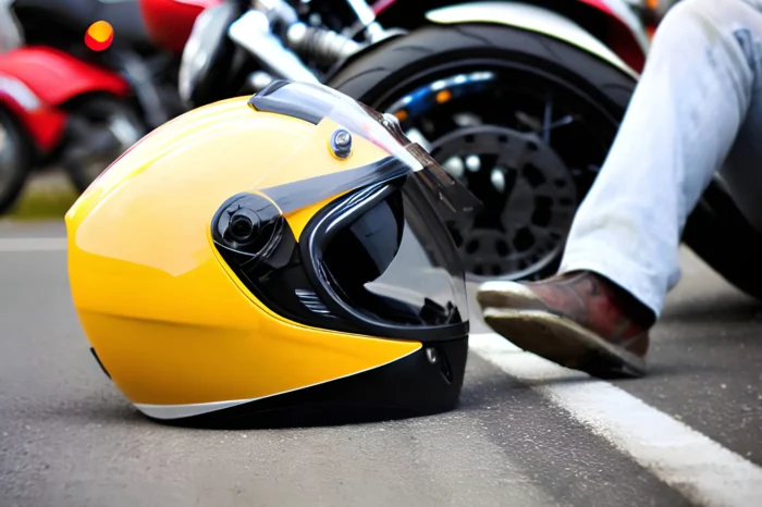 Yellow motorcycle helmet on the road beside a parked motorcycle, illustrating motorcycle accident safety and awareness in personal injury claims.
